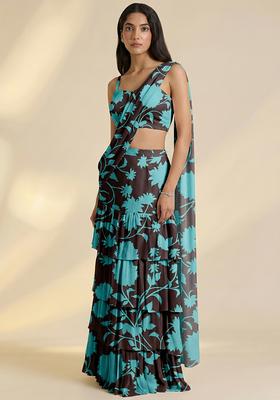Aqua Green Floral Print Satin Pre Draped Saree Set