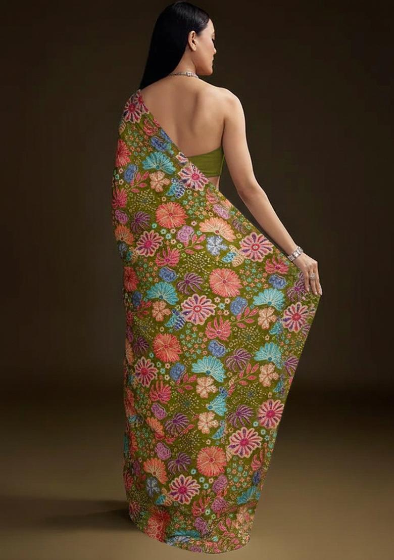 Olive Green Floral Print Chinon Pre Draped Saree Set - Indya