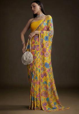 Yellow Floral Print Chinon Pre Draped Saree Set