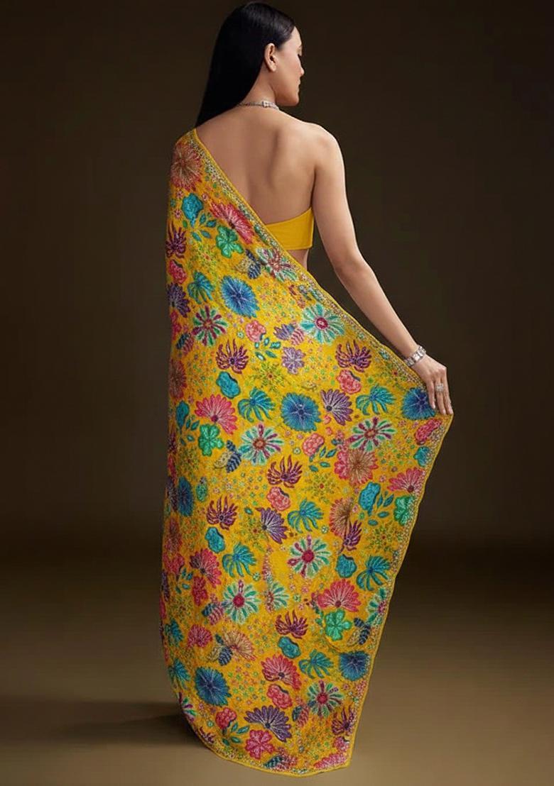 Yellow Floral Print Chinon Pre Draped Saree Set - Indya
