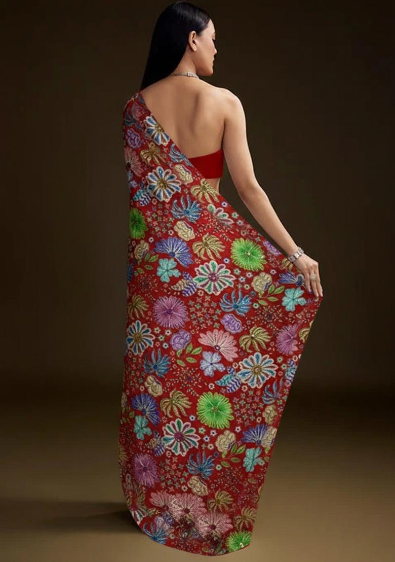 Red Floral Print Chinon Pre Draped Saree Set - Indya