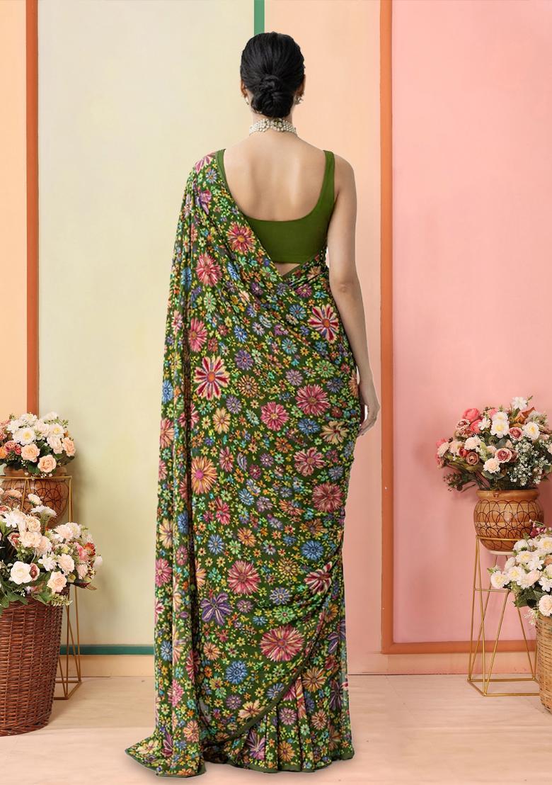Olive Green Floral Print Chinon Pre Draped Saree Set - Indya