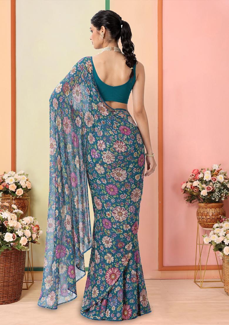 Blue Floral Print Chinon Pre Draped Saree Set - Indya