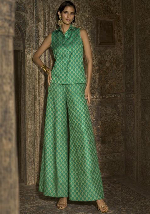 Emerald Green Brocade Fusion Set