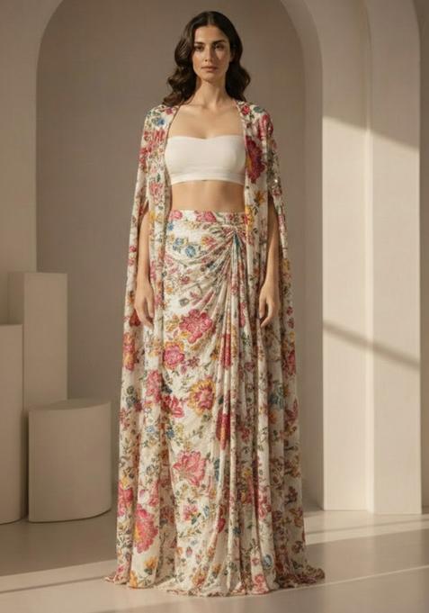 Ivory Floral Print Crepe Fusion Set