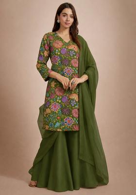 Olive Green Floral Print Chinon Sharara Set