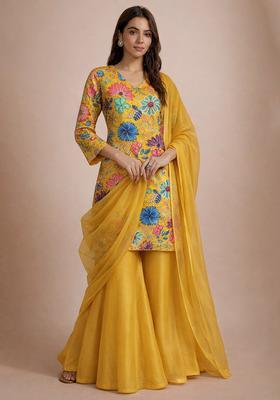 Yellow Floral Print Chinon Sharara Set