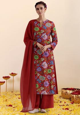 Red Floral Print Chinon Straight Kurta Set