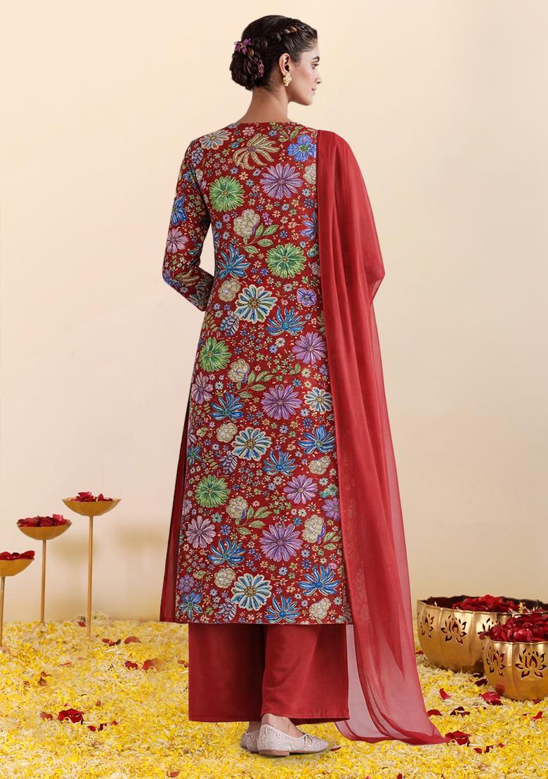 Red Floral Print Chinon Straight Kurta Set - Indya