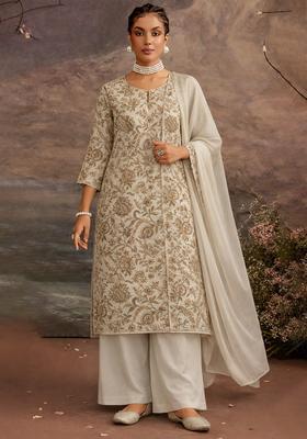 Off White Printed Crepe Straight Kurta Set