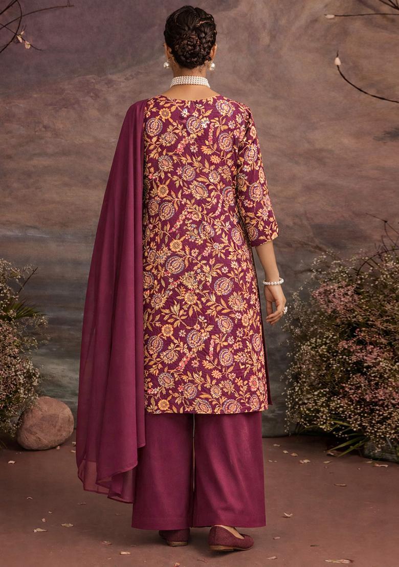 Deep Maroon Embroidered Crepe Straight Kurta Set - Indya