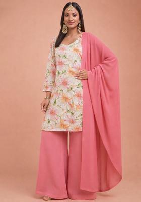 Pink Floral Print Crepe Sharara Set
