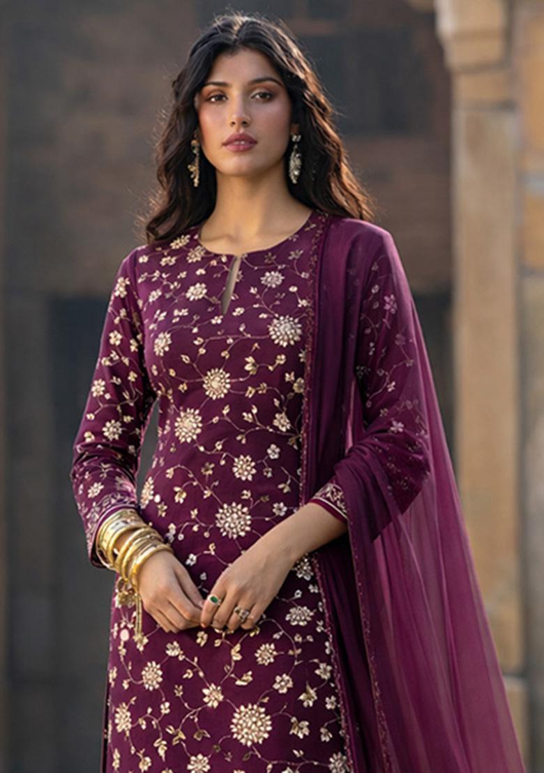 Wine Embroidered Tissue Straight Kurta Set - Indya