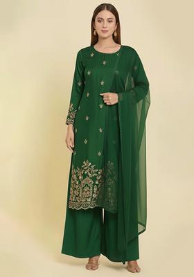 Dark Green Embroidered Crepe Straight Kurta Set