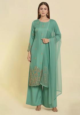Aqua Blue Embroidered Crepe Straight Kurta Set