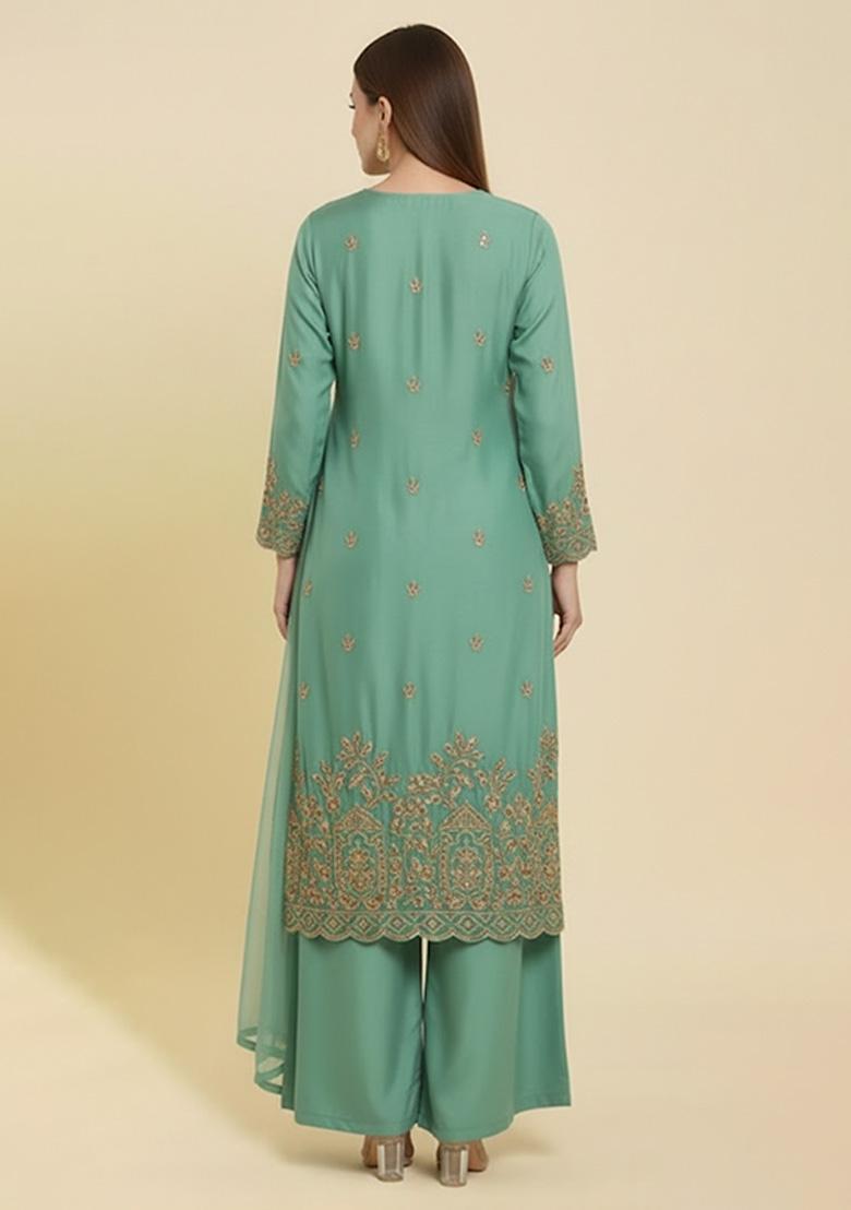 Aqua Blue Embroidered Crepe Straight Kurta Set - Indya