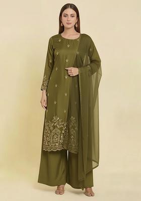 Olive Green Embroidered Crepe Straight Kurta Set