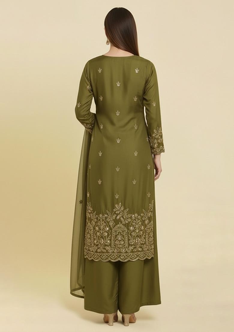 Olive Green Embroidered Crepe Straight Kurta Set - Indya