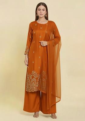 Rust Embroidered Crepe Straight Kurta Set