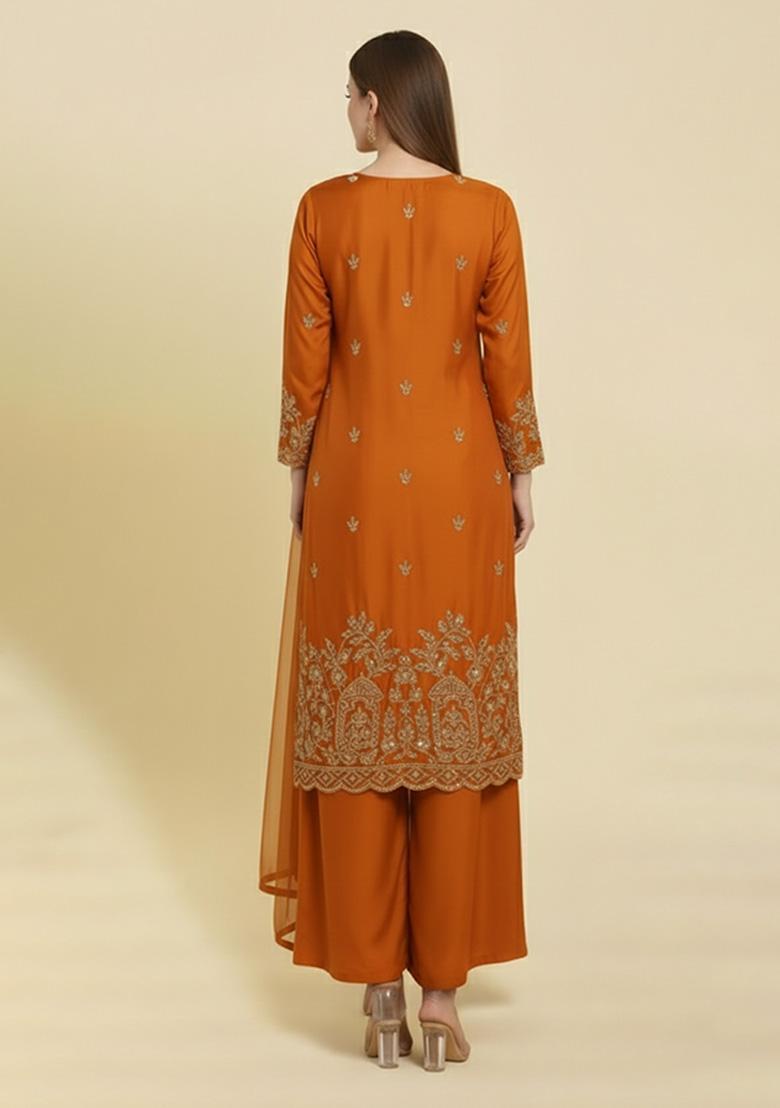 Rust Embroidered Crepe Straight Kurta Set - Indya