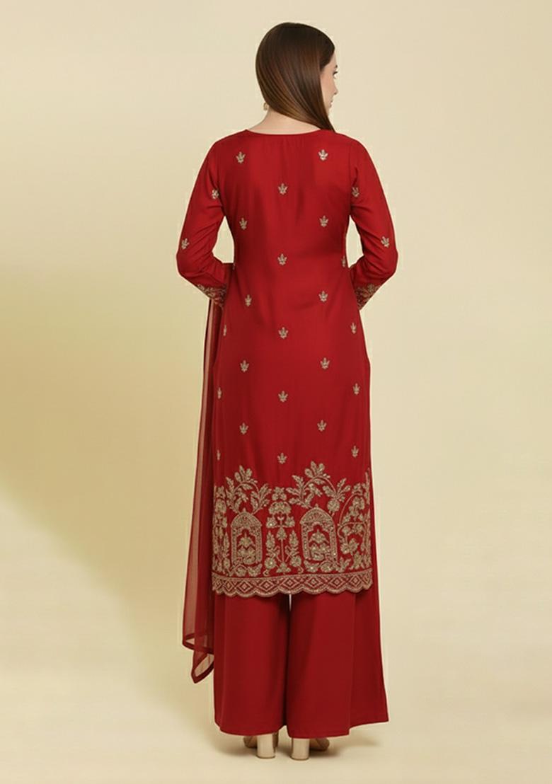 Red Embroidered Crepe Straight Kurta Set - Indya