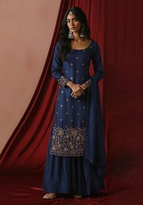 Navy Blue Embroidered Silk Blend Sharara Set