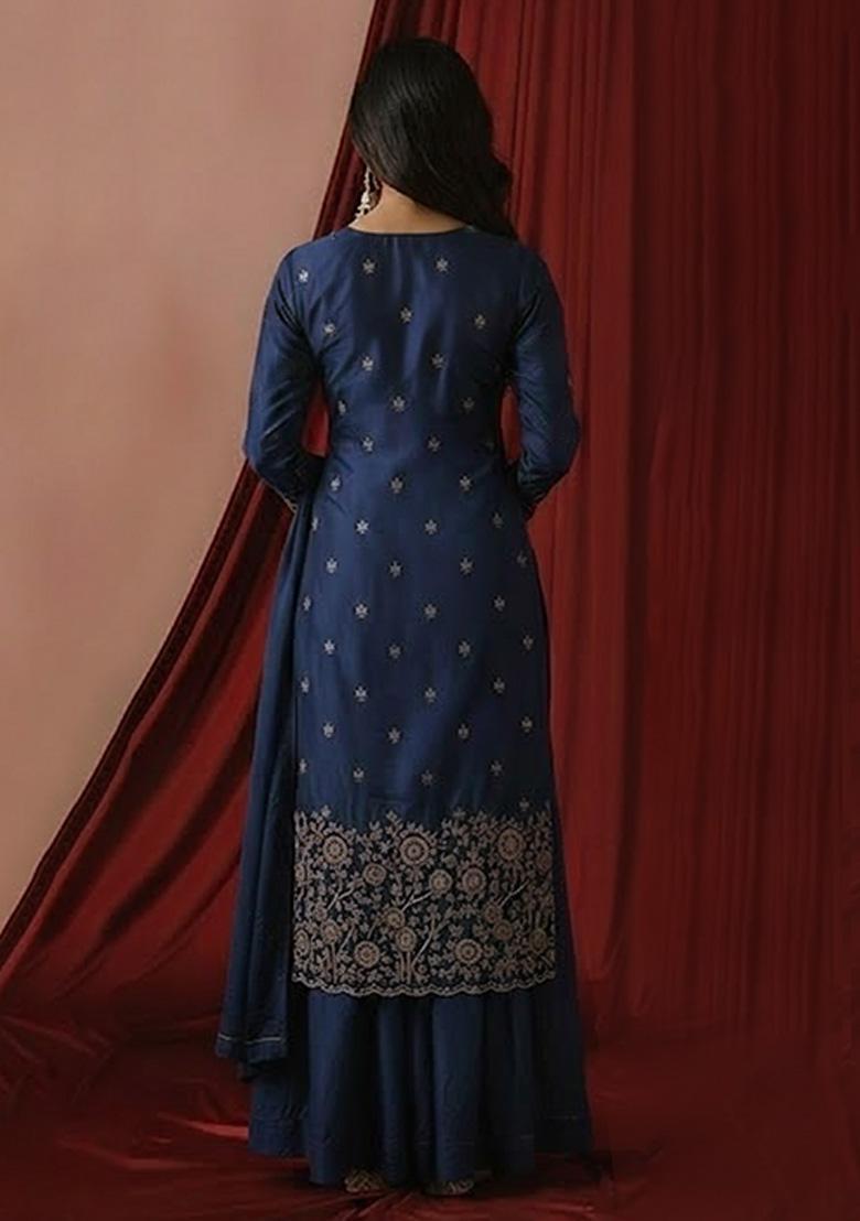 Navy Blue Embroidered Silk Blend Sharara Set - Indya