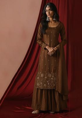 Brown Embroidered Silk Blend Sharara Set