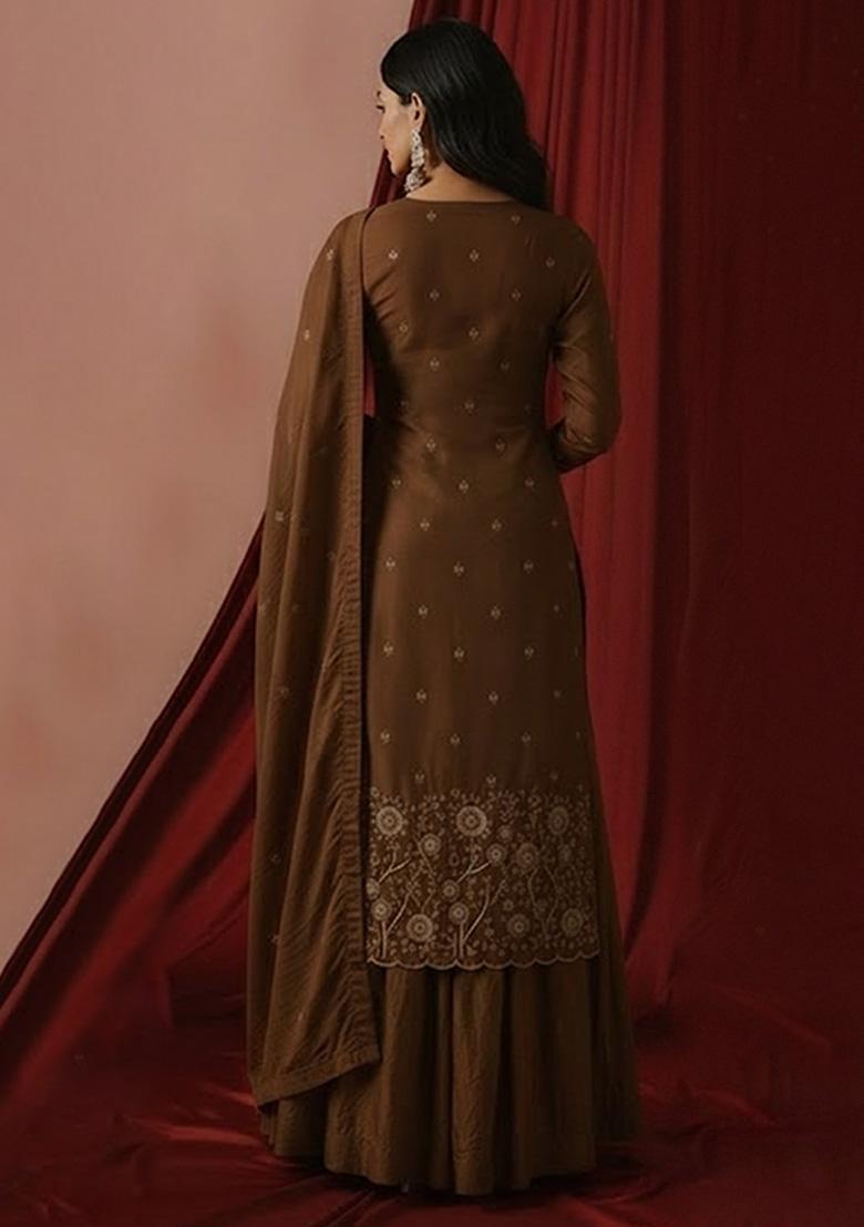 Brown Embroidered Silk Blend Sharara Set - Indya