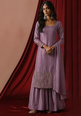 Lavender Embroidered Silk Blend Sharara Set