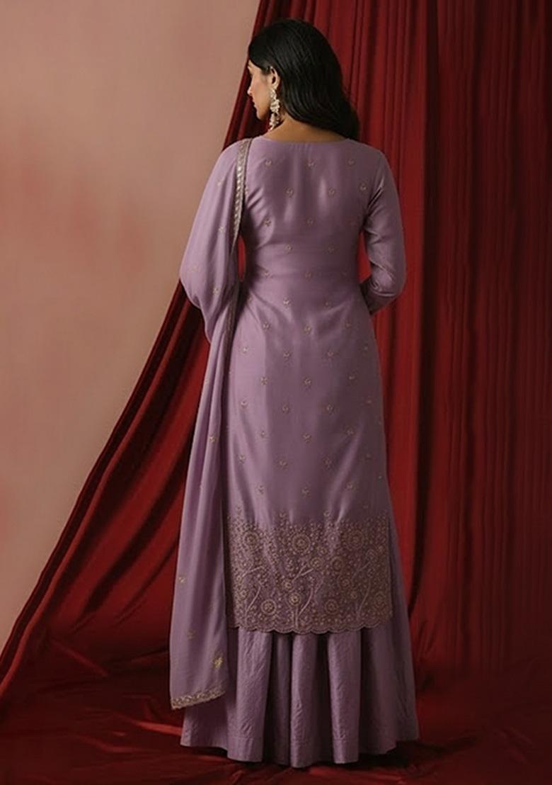 Lavender Embroidered Silk Blend Sharara Set - Indya