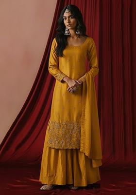 Mustard Embroidered Silk Blend Sharara Set