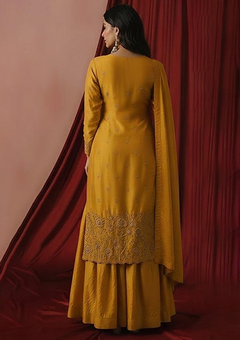 Mustard Embroidered Silk Blend Sharara Set - Indya