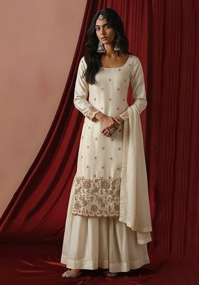 Off White Embroidered Silk Blend Sharara Set