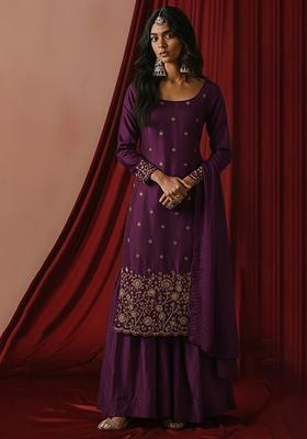 Purple Embroidered Silk Blend Sharara Set