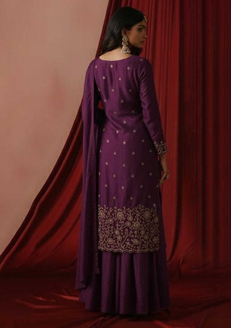Purple Embroidered Silk Blend Sharara Set - Indya