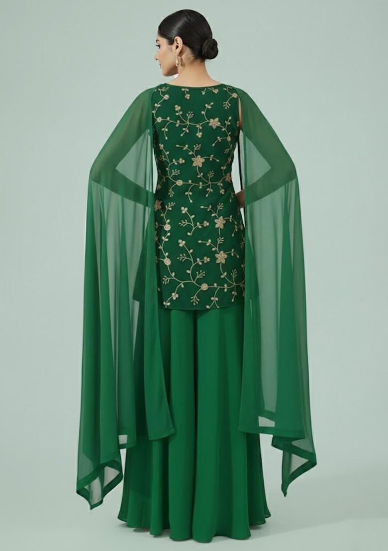 Dark Green Embroidered Crepe Sharara Set - Indya