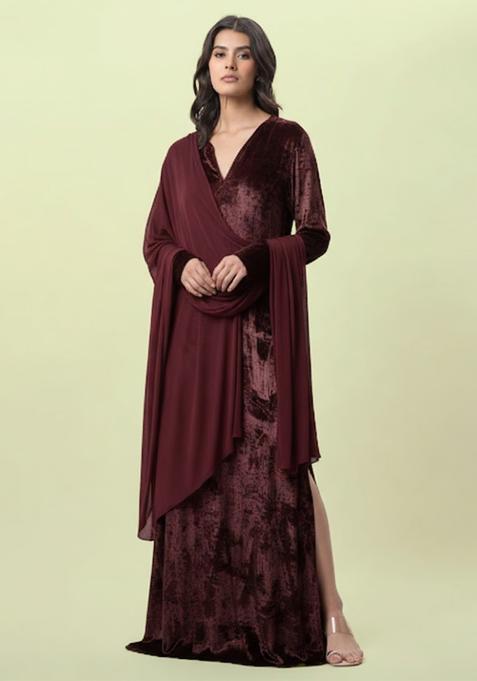 Deep Maroon Solid Velvet Fusion Set