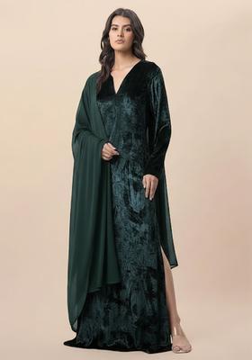 Deep Forest Green Solid Velvet Fusion Set
