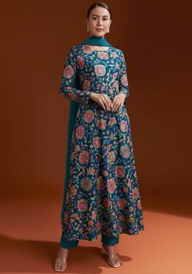 Teal Blue Floral Print Chinon Anarkali Set