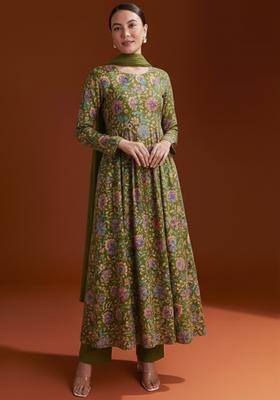 Olive Green Floral Print Chinon Anarkali Set