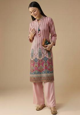 Soft Pink Printed Crepe Straight Kurta Set