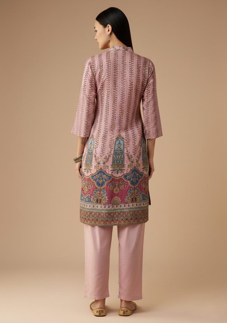 Soft Pink Printed Crepe Straight Kurta Set - Indya