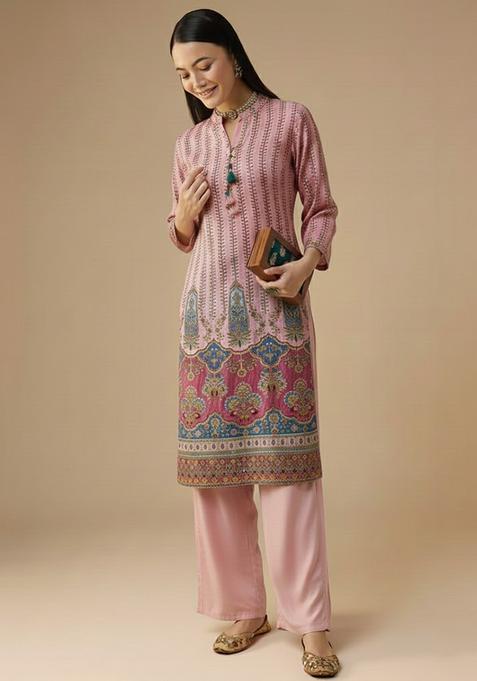 Soft Pink Printed Crepe Straight Kurta Set
