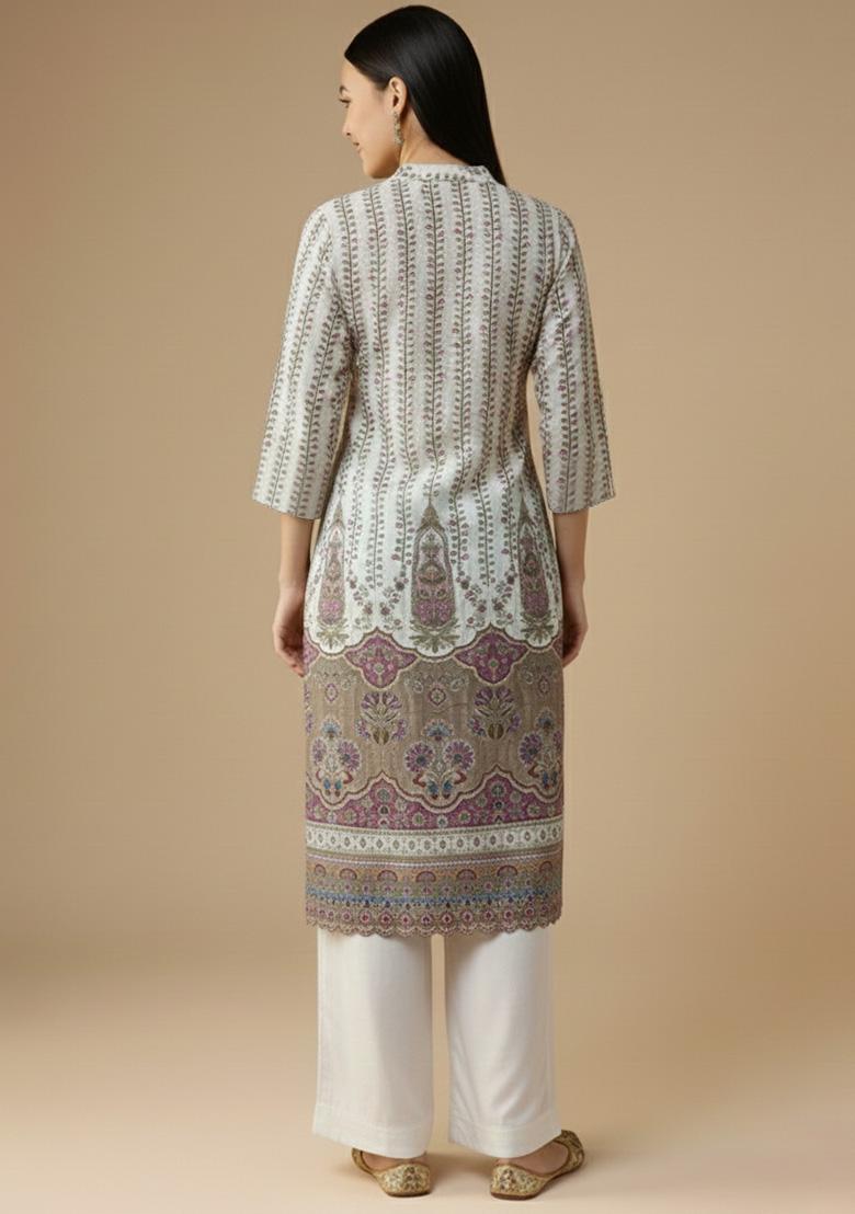 Ivory Printed Crepe Straight Kurta Set - Indya