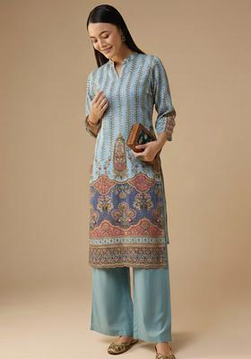 Powder Blue Printed Crepe Straight Kurta Set