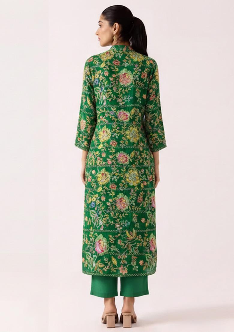 Green Floral Print Crepe Straight Kurta Set - Indya