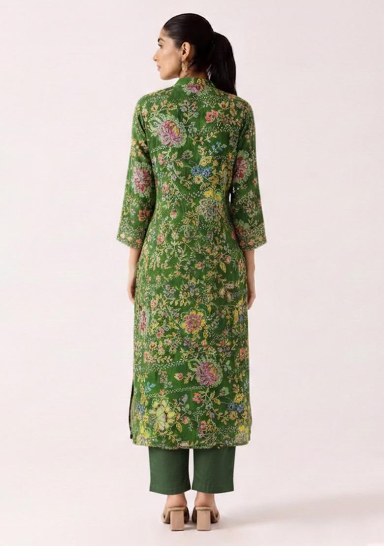Green Floral Print Crepe Straight Kurta Set - Indya