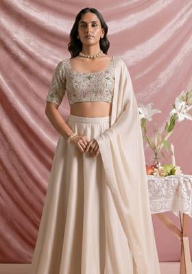 Ivory Embroidered Silk Blend Lehenga Set