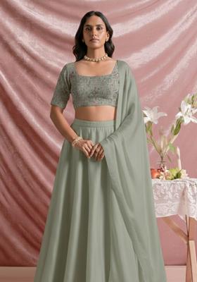 Sage Green Embroidered Silk Blend Lehenga Set
